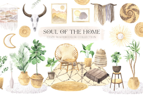 Download Watercolor Boho Home Interior Clipart - Interior Collection