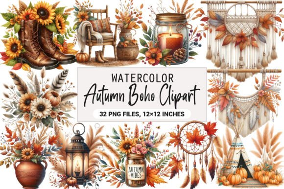 Download Watercolor Autumn Boho Clipart Bundle - Boho clipart Collection